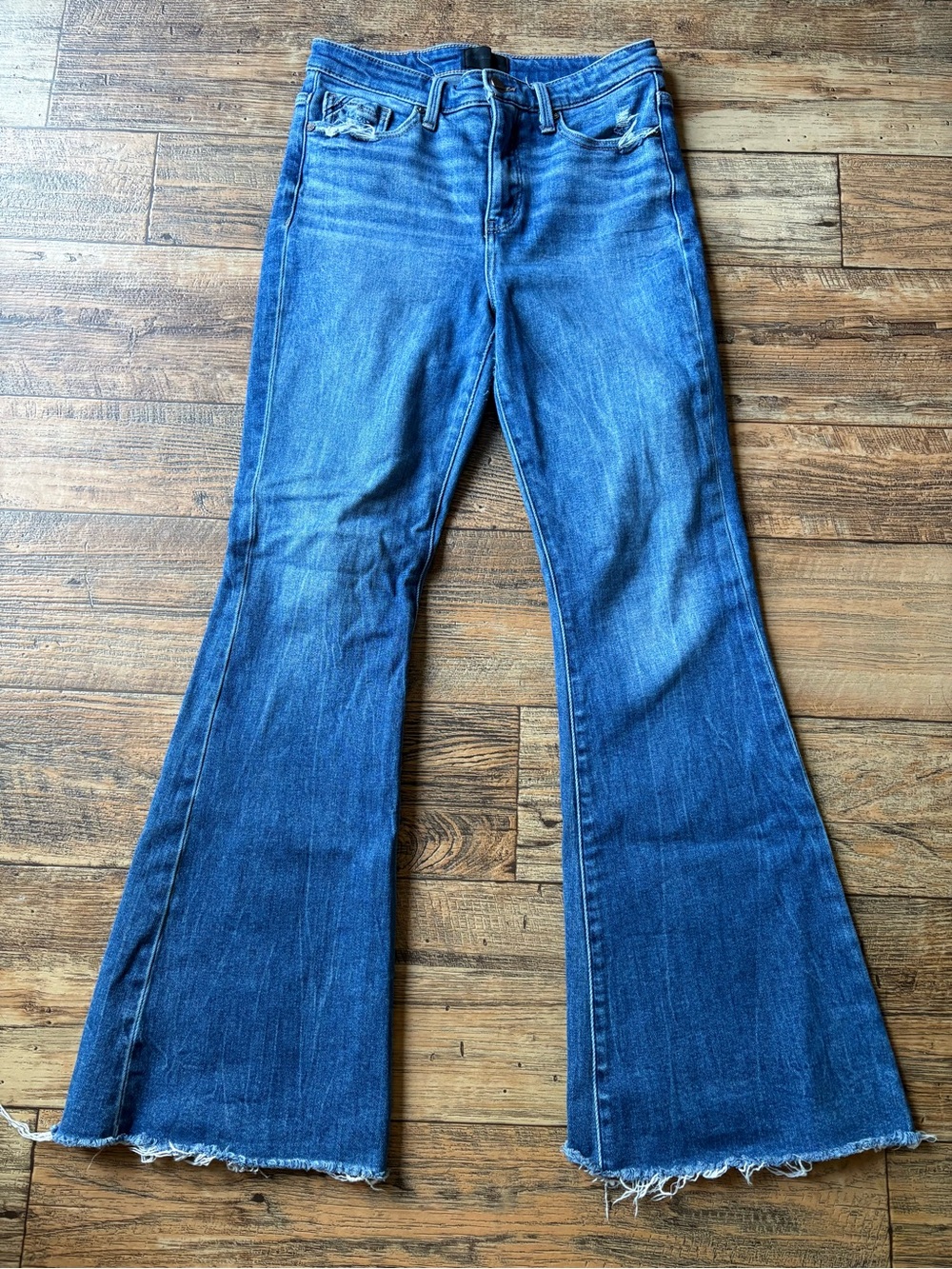 Buckle Dark Blue Flare Jeans with Frayed Hem